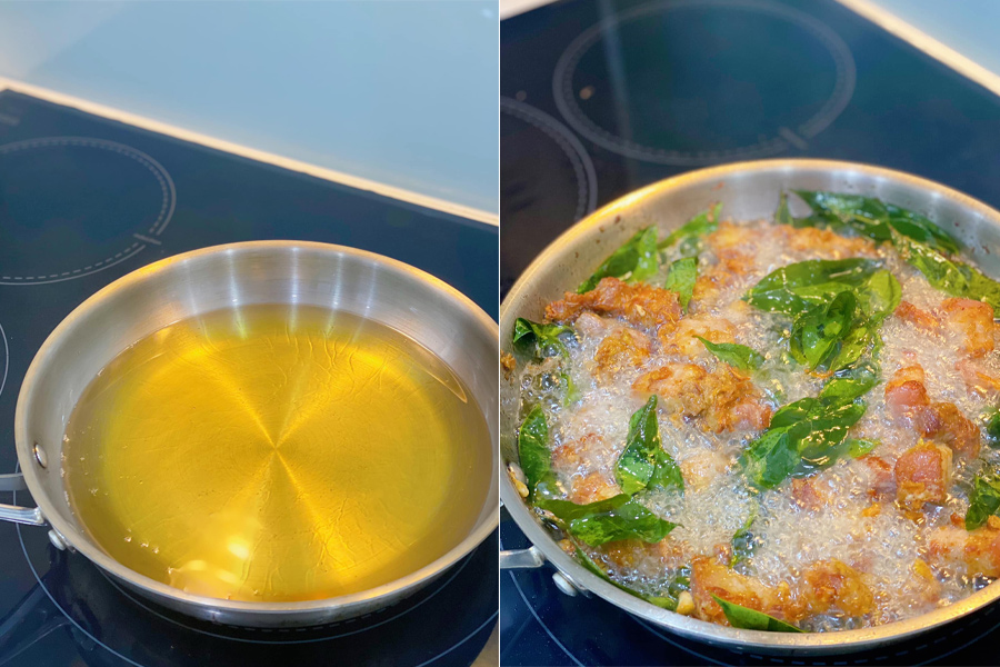 Chiên vàng giòn với chảo dầu trên bếp điện từ